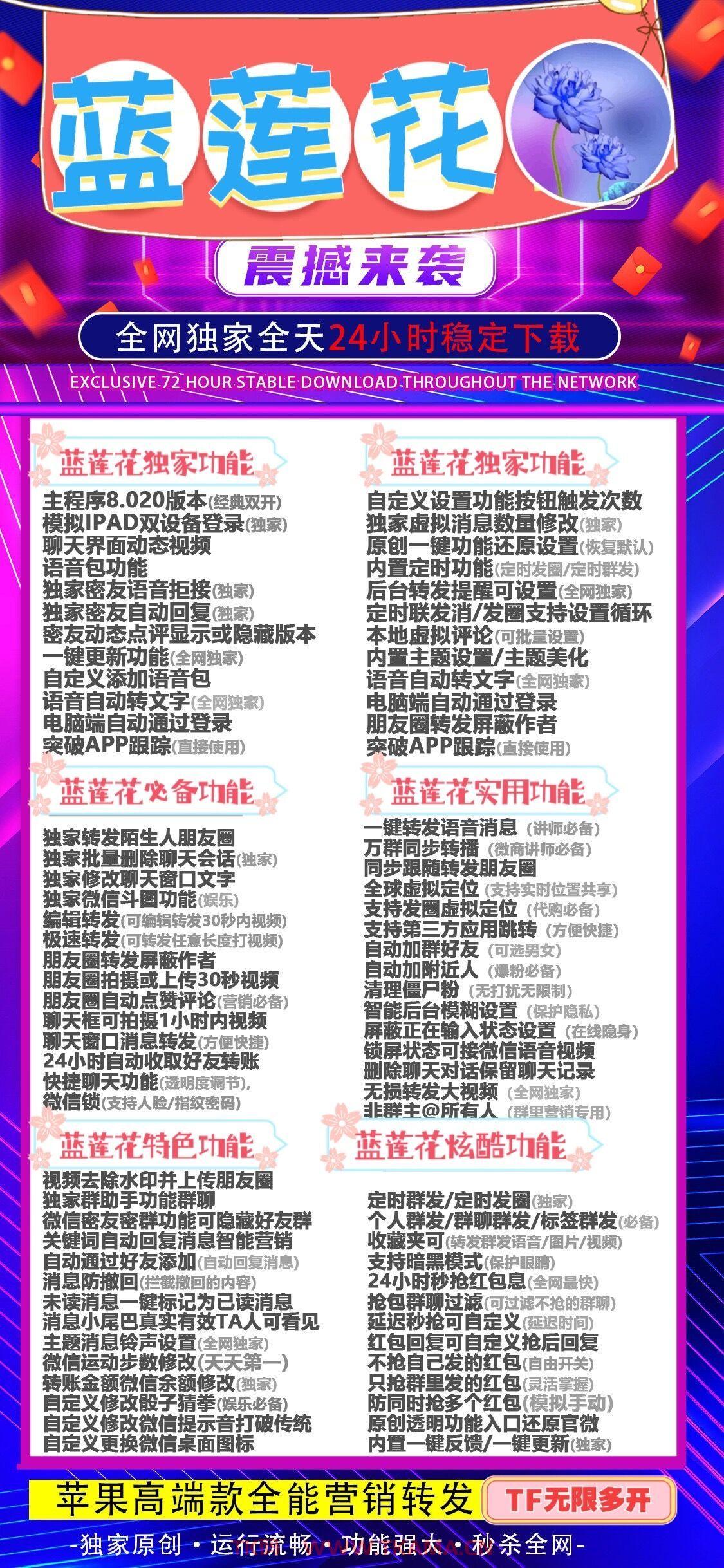 【苹果蓝莲花官网下载更新地址TF激活授权码卡密购买】苹果微信多开TF分身一键转发营销工具兼容苹果最新系统支持本地上传大视频朋友圈跟随