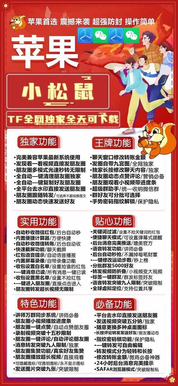 【苹果小松鼠官网下载更新地址】苹果TF微信分身多开兼容苹果ios最新系统支持万群直播微信群发微信密友语音转发微信主题美化【小松鼠激活授权下载兑换邀请码卡密购买】