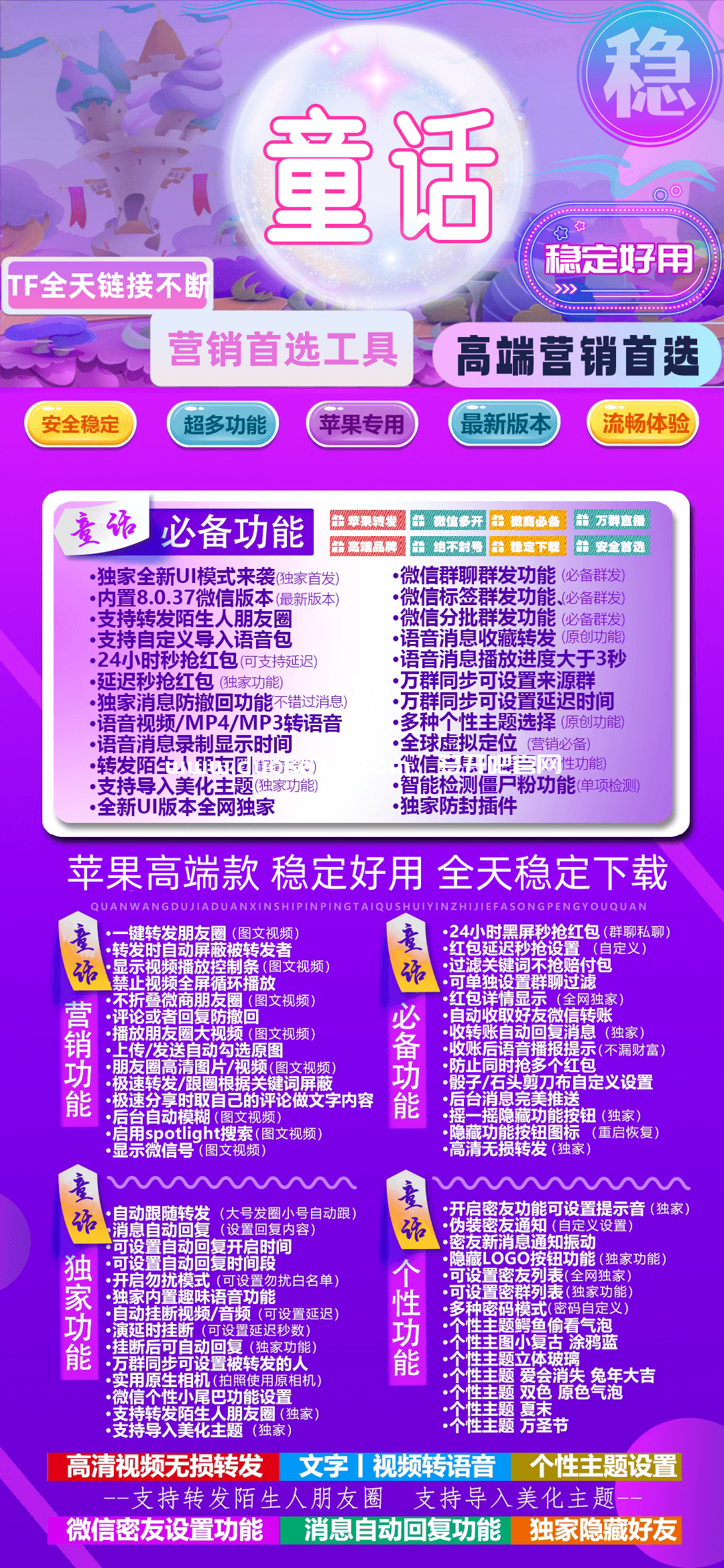 【苹果童话官网更新地址】苹果TF微信分身多开应用支持语音转发万群直播讲课微信密友海王必备虚拟定位微信群发朋友圈图文大视频转发兼容苹果最新17系统